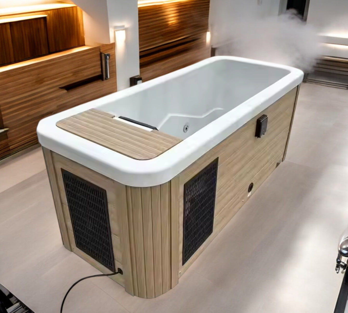 All In One Cold Plunge with wood grain style finish