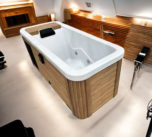 All In One Cold Plunge with wood grain style finish